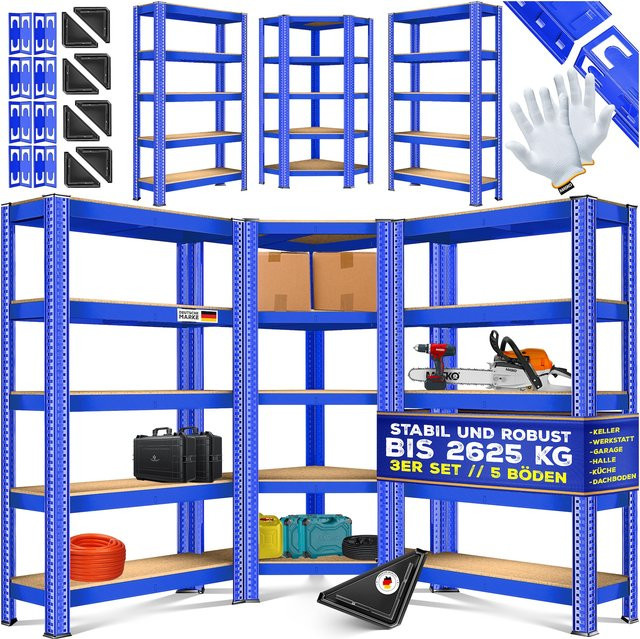 MASKO 3er Set Schwerlastregal aus Metall mit MDF-Platten in Blau, bestehend aus 1 Eckregal und 2 Lagerregalen mit insgesamt 15 Böden - Bild 1