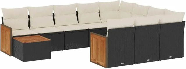 vidaXL 11-teilige Garten-Sofagarnitur in L-Form aus Polyrattan und Akazienholz mit Kissen in Schwarz-Creme - Bild 1