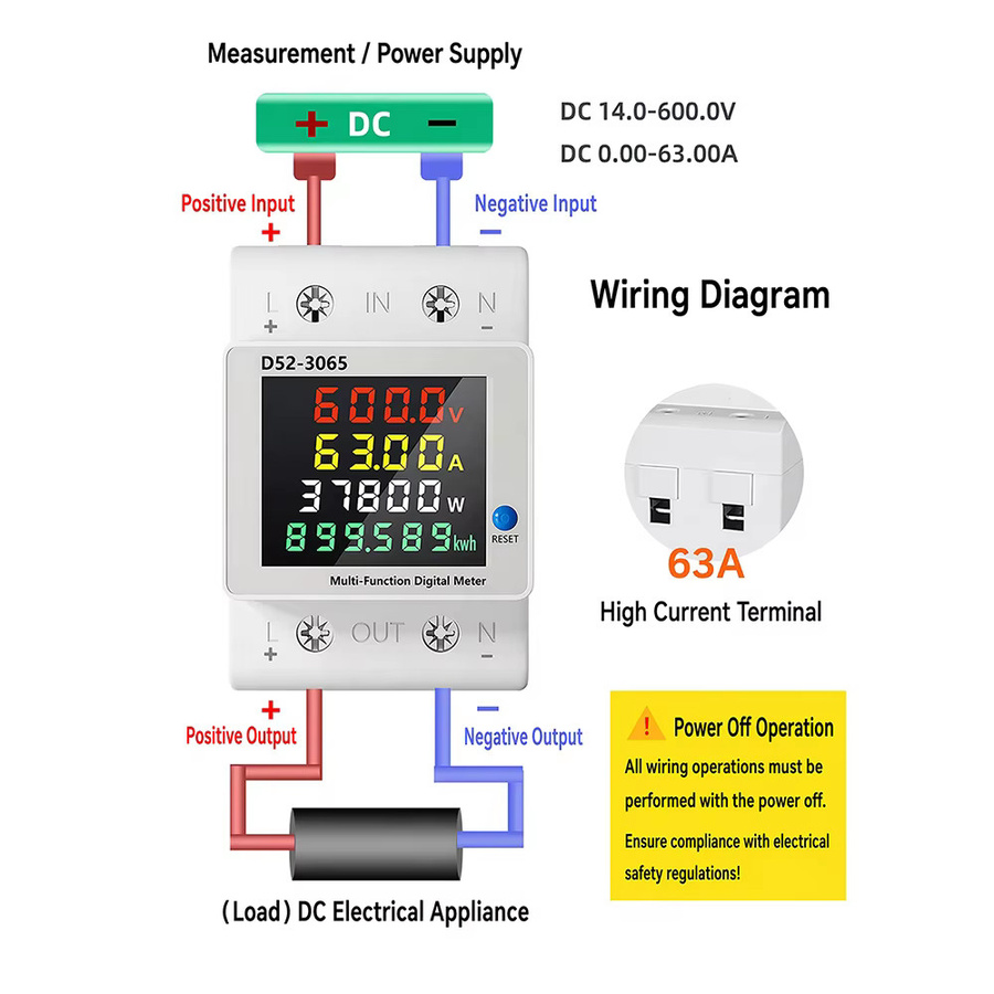 Aideepen 4-in-1 Digitaler Energiezähler für DIN-Schiene, Stromverbrauchsmonitor DC 14-600V 63A, Messgerät für Spannung, Strom, Watt, kWh und Frequenz in Weiß - Bild 4