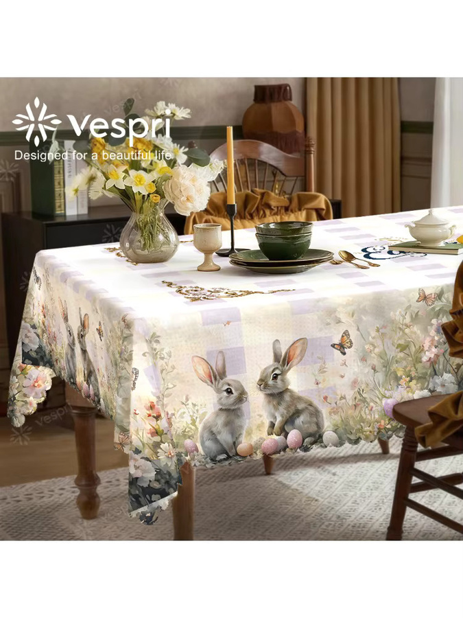 Vespri Oster-Tischdecke mit lila Blumen, Kaninchen und Schmetterlingen aus Polyester, Weiß/Lila/Mehrfarbig - Bild 5