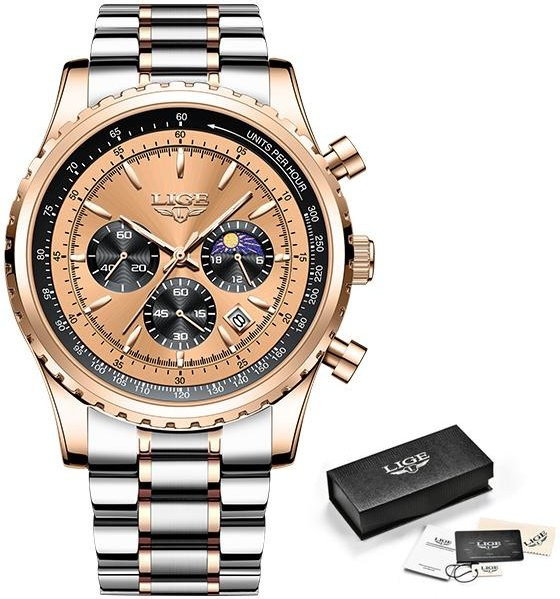 LIGE Armbanduhr Quarz, Chronograph, Edelstahl, Gold, 46 mm, Herren - Bild 1