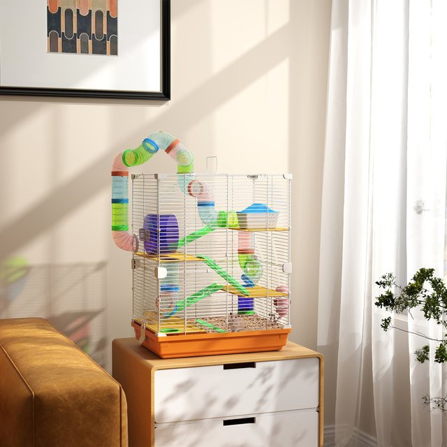 Pawhut Hamsterkäfig in Rosa mit Tunnel, Plattformen, Trinknapf, Haus, Rampen und Laufrad, H x B x T: 58 x 46 x 30 cm - Bild 1