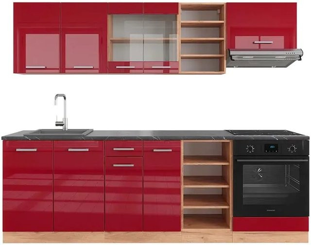 Vicco R-Line Küchenzeile Bordeaux Hochglanz und Goldkraft Eiche, Farbe Anthrazit, Breite: 240 cm - Bild 1