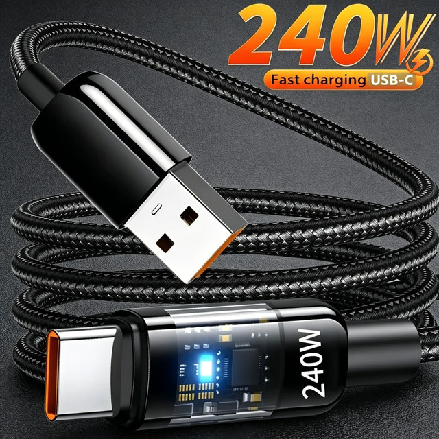 USB-auf-Typ-C-Schnellladekabel 240W 10A QC3.0 mit LED und Nylon-Datenleitung in Schwarz für Huawei Samsung Xiaomi - Bild 1