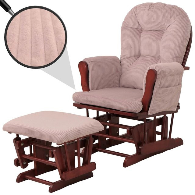 MCW Relaxsessel C76 Schaukelstuhl mit Hocker aus Cord in Pink mit dunklem Holzgestell - Bild 1