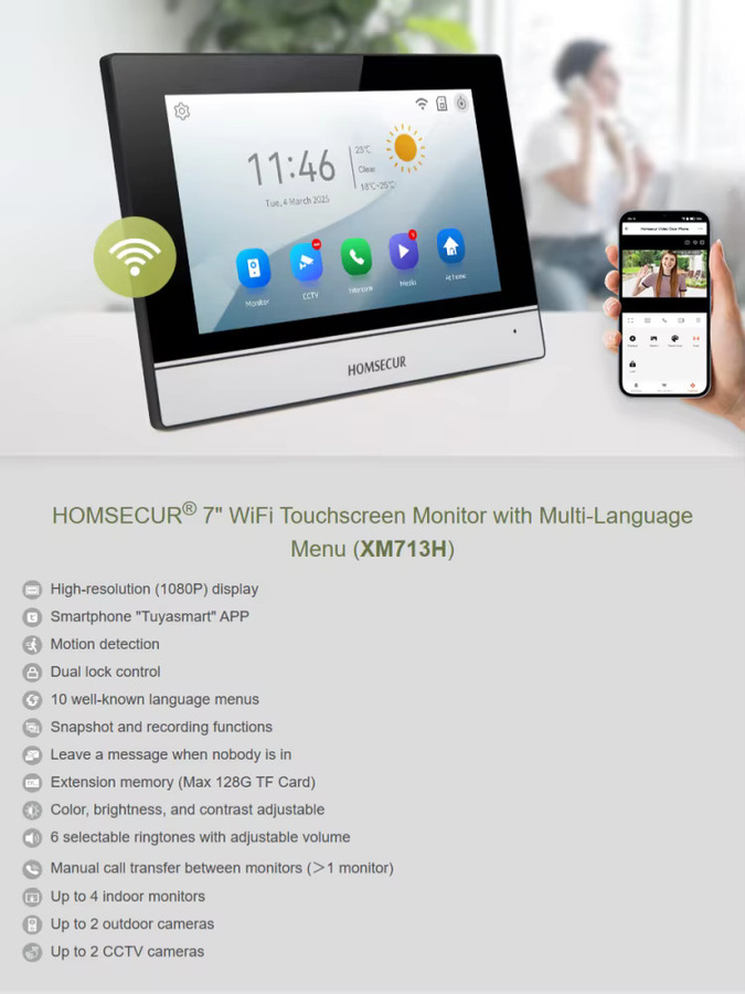 HOMSECUR Tuya App HD XM713H Indoor Monitor für WIFI Video Tür Sprechanlage und Türklingel - Bild 6