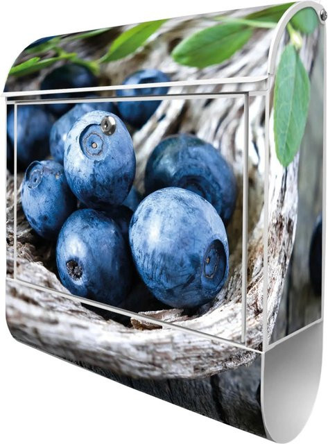 Banjado Design Briefkasten Weiß Pulverbeschichtet mit Motiv Blaubeeren und Zeitungsfach, B/T/H: 39 x 14 x 47 cm, inklusive 2 Schlüssel - Bild 1