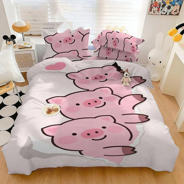 Flylo Kinder Bettwäsche Set Rosa Schwein Muster aus Mikrofaser B/H: 140 x 210 cm - Bild 1