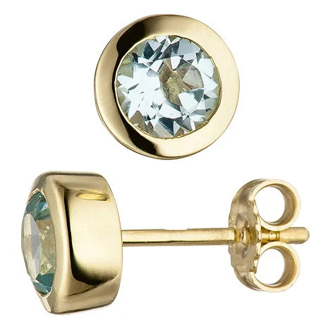 Colfem Ohrstecker rund, 333 Gelbgold, Blautopas, hellblau, Unisex - Bild 1
