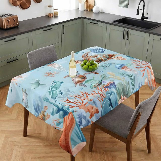Rechteckige Tischdecke von JMG Household Supplies mit Sommer Meeresschildkröten Quallen und Korallen Design in Blau und Multicolour, B/T: 140 x 180 cm - Bild 1