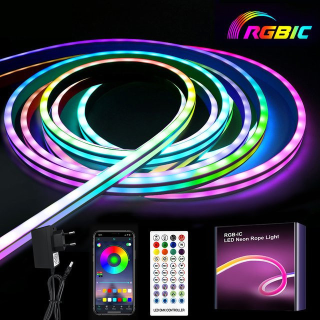 Mexllex RGBIC Neon-LED-Streifen wasserdicht und flexibel mit App-Steuerung, Fernbedienung und Musiksynchronisierung zur DIY-Wanddekoration - Bild 1