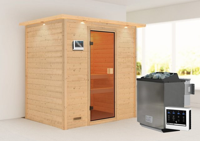 Karibu Massivholzsauna Selena aus nordischer Fichte in Braun mit 9,0 kW BioKombiofen, Steuergerät und LED-Dachkranz, B/T: 195 x 145 cm - Bild 1