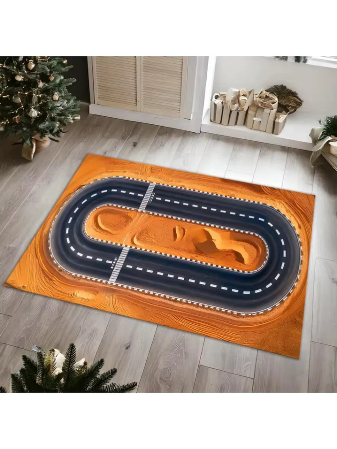 Racing Track Teppich für Kinderzimmer und Wohnzimmer, rutschfestes Spielpad mit Rennstrecken-Motiv in Orange - Bild 2