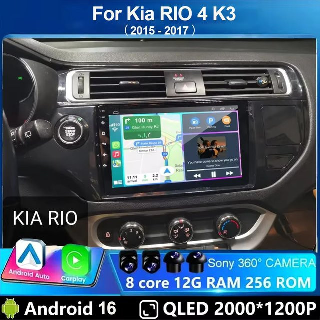 Android 16 Multimedia-Autoradio für Kia RIO 4 K3 2015 - 2017 mit GPS-Navigation, Carplay, QLED-Display und 360-Grad-Kamera Unterstützung in Schwarz - Bild 1