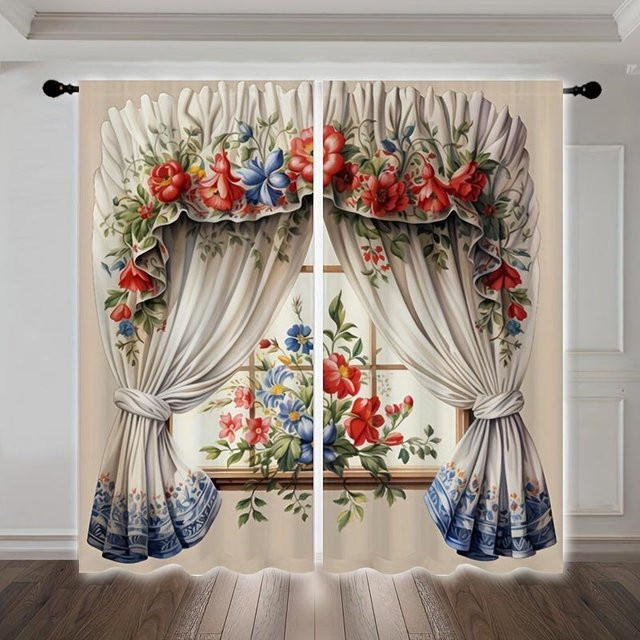 2er-Set Yiran Furniture Dekorative Vorhänge im Europäischem Retro-Stil mit 3D-Blumenmuster, halbtransparent, Polyester, Mehrfarbig, Breite: 150 cm, Höhe: 166 cm - Bild 1