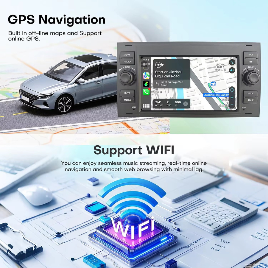 Gearelec 7-Zoll Autoradio mit GPS, kabellosem CarPlay und Android Auto in Schwarz für Ford Fusion 2006–2012 und Focus 2005–2006 - Bild 3