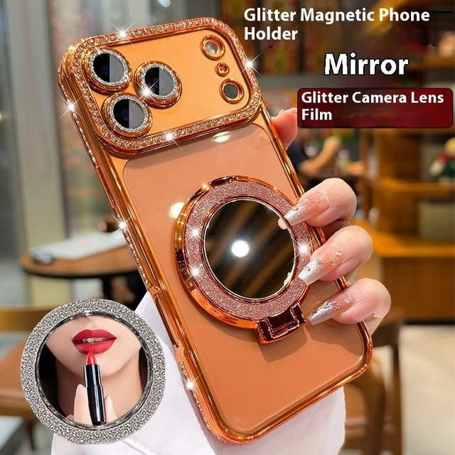 Glitzer Handyhülle mit Spiegel und Magnetständer für Apple iPhone 17 16 15 14 13 12 11 Pro Max Air Plus in Gold mit Diamant-Beschichtung - Bild 1