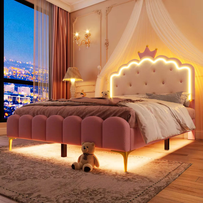 Glamouröses Polsterbett im Prinzessinnen-Stil aus Kunstleder in Pink mit LED-Unterbettbeleuchtung, B/T: 140 x 200 cm - Bild 3
