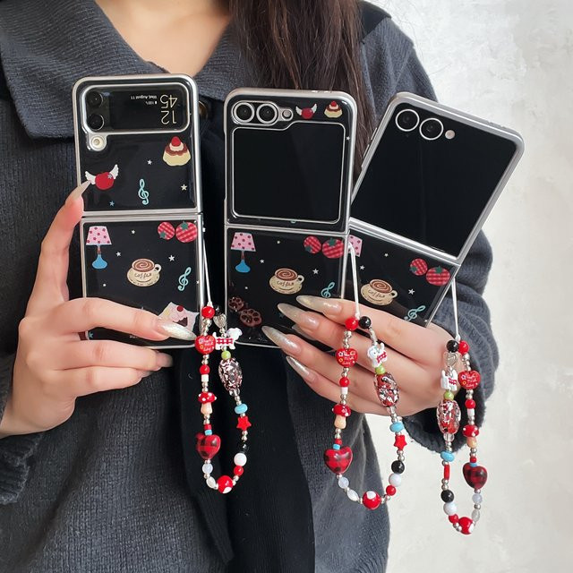 Kawaii Handyhülle mit Kette für Samsung Galaxy Z Flip 7 6 5 4 3 im Koreanischen Kuchen-Kaffee-Glanz-Design - Bild 1