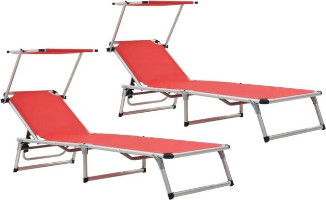 Furnicato Set aus 2 klappbaren Sonnenliegen mit Sonnendach in Rot aus Aluminium und Textilene - Bild 1