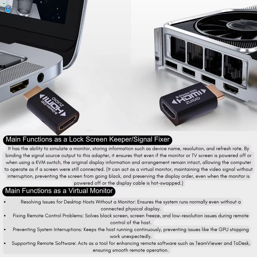 ZUIDID HDMI EDID Emulator Passthrough-Adapter Dummy-Stecker in Schwarz für Extender, KVM-Switch, AV-Receiver, Videosplitter und PS5 - Bild 3