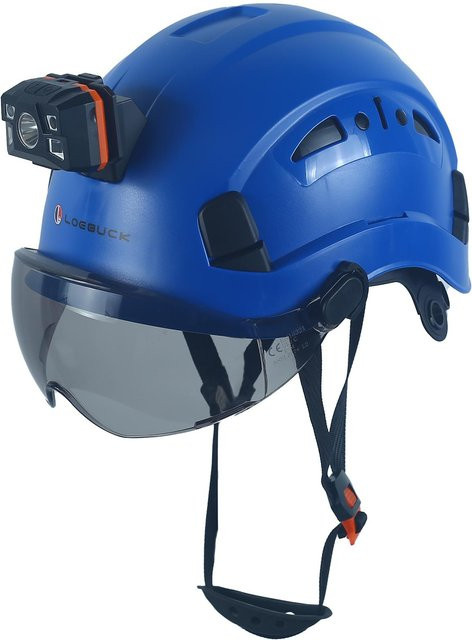 LOEBUCK Schutzhelm Blau mit Schutzbrille und LED-Scheinwerfer nach EN 397 für Bauarbeiten, Kopfumfang: 53-64 cm - Bild 1