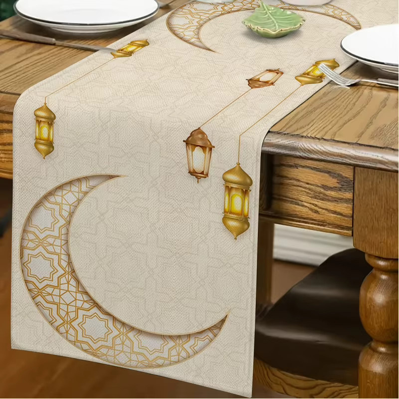 VIKAMA Tischläufer Ramadan mit Stern- und Mondmuster in Gold und Beige aus Leinen - Bild 2
