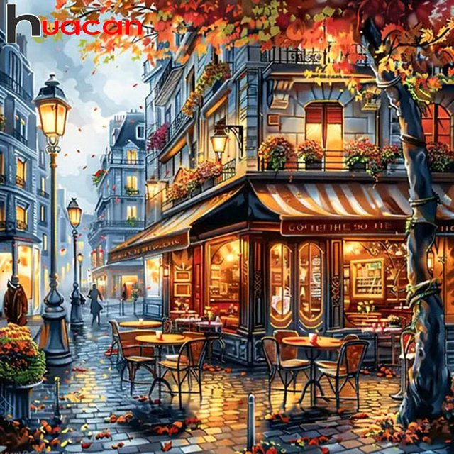 Huacan Diamant-Malerei Motiv Straßenlandschaft mit Haus in Herbstfarben, Multicolour, B/H: 20 x 20 cm - Bild 1