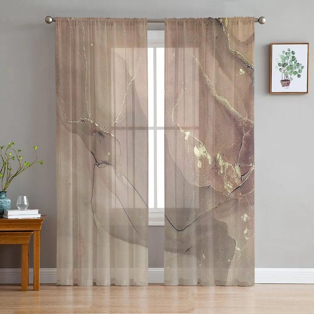 Yiran Furniture Transparenter Vorhang mit Marmor Muster aus Organza und Tüll, Beige, Breite: 135 cm, Höhe: 185 cm - Bild 1