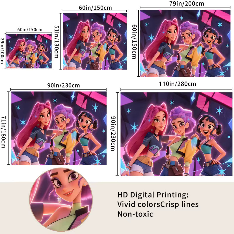 Hasbro Kpop Girl Group Wandteppich im Neon-Stil, Mehrfarbiger Wandbehang als ästhetische Raumdekoration, Breite: 150 cm, Höhe: 100 cm - Bild 6