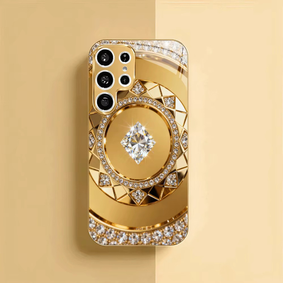 Goldene Handyhülle mit Diamant-Geometrie und konzentrischen Kreisen aus gehärtetem Glas für Samsung Galaxy S25 S24 S23 Ultra Plus FE - Bild 2