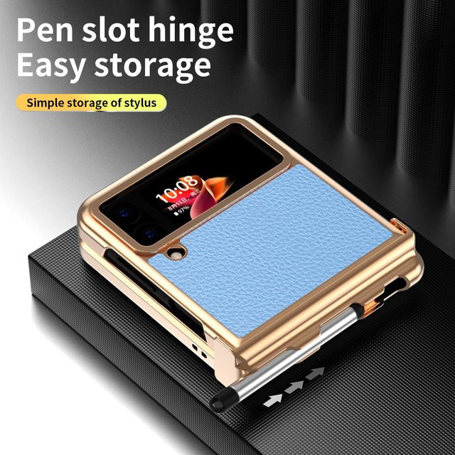 Anti-Staub Leder Schutzhülle für Samsung Galaxy Z Flip 4 und Z Flip 3 5G in Gold und Blau - Bild 1