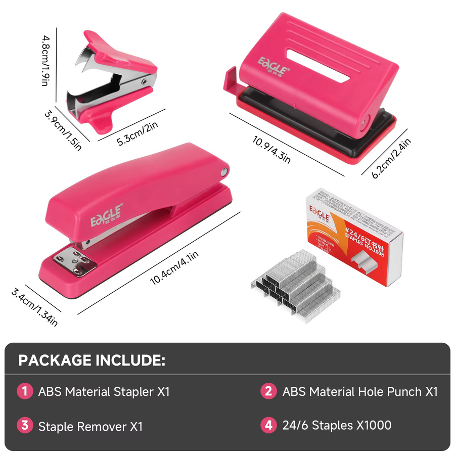 EAGLE 4-in-1 Büro-Schreibwarenset Schreibtisch-Organizer mit Hefter, 2-Loch-Stanzer, Heftklammerentferner und 1000 Heftklammern in Blau oder Pink - Bild 3
