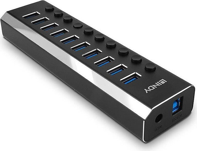 Lindy USB 3.0 Desktop-Hub mit 10 SuperSpeed USB-A Anschlüssen und Ein-/Aus-Schaltern in Schwarz (43370) - Bild 1