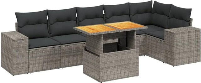 vidaXL 7-teilige Garten-Sofagarnitur in L-Form aus Poly-Rattan und Akazienholz mit Kissen in Grau - Bild 1