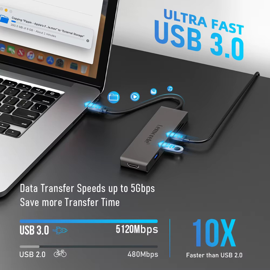 Lemorele 6-in-1 USB C Hub Dockingstation in Grau mit HDMI 4K, USB A 3.0 und TF SD Kartenleser für Laptop und Tablet - Bild 3