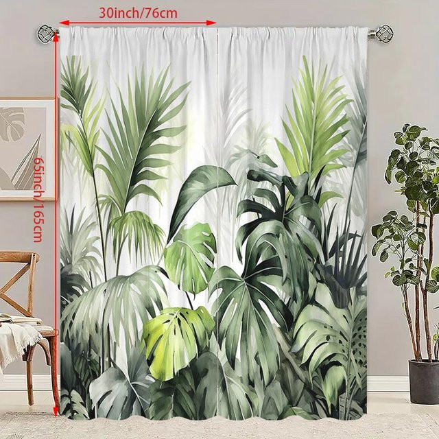 Yiran Furniture Vorhänge mit Pflanzenmuster in Grün, 2er-Set aus Polyester, semi-transparent, B: 60 cm, H: 150 cm - Bild 1
