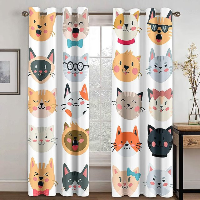 Kawaii Cartoon Katze Fenstergardinen mit Berge und Wald Motiv, halbtransparent, mehrfarbig, Super Six, B: 170 cm, H: 200 cm - Bild 1