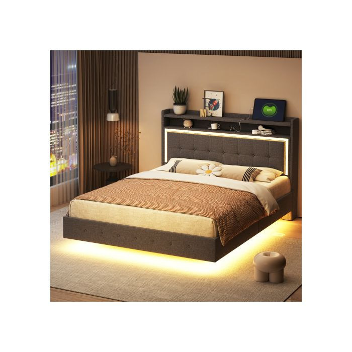 Gepolstertes Bett MUVOE in Grau aus Leinenstoff mit USB-Anschluss und LED-Beleuchtung, B: 140 cm, H: 213 cm, T: 200 cm - Bild 3