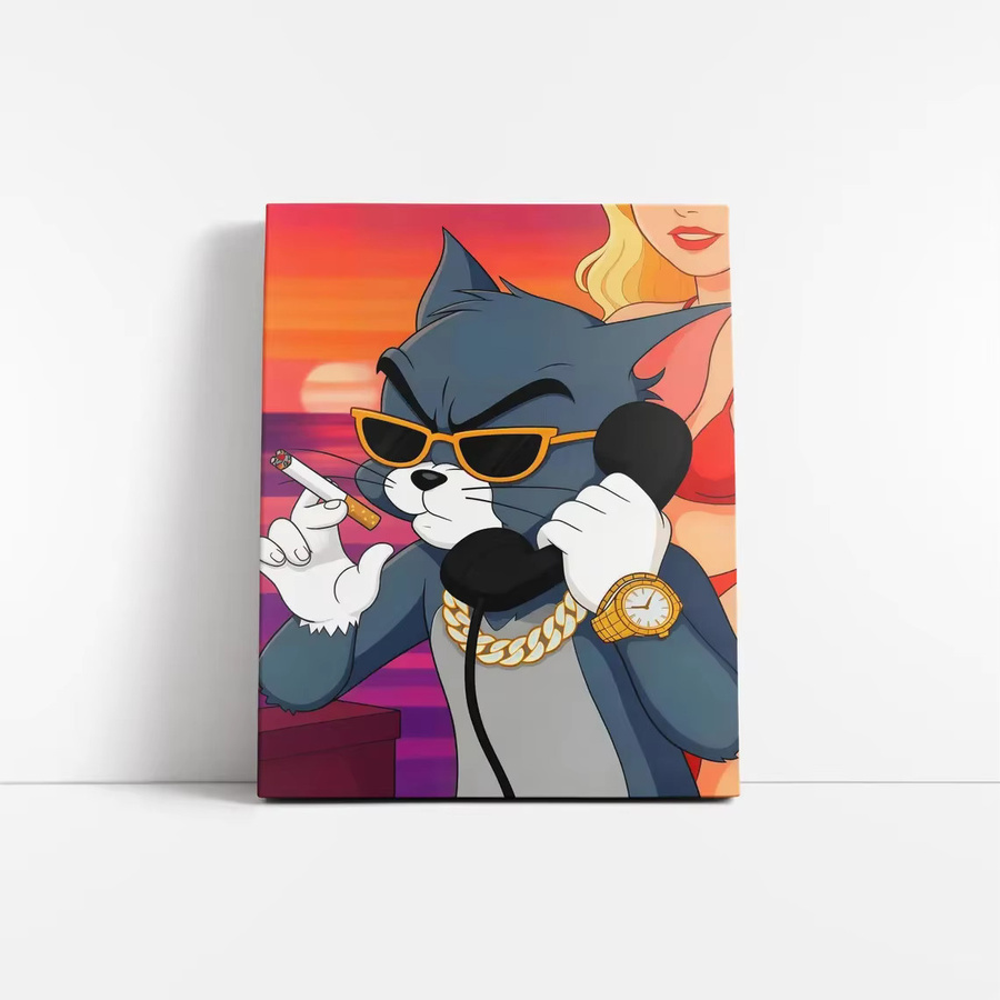 Cool Cat Business Art Digital Download Retro Sonnenuntergang Cartoon Poster Lustige Katze Wandkunst Mehrfarbig - Bild 6