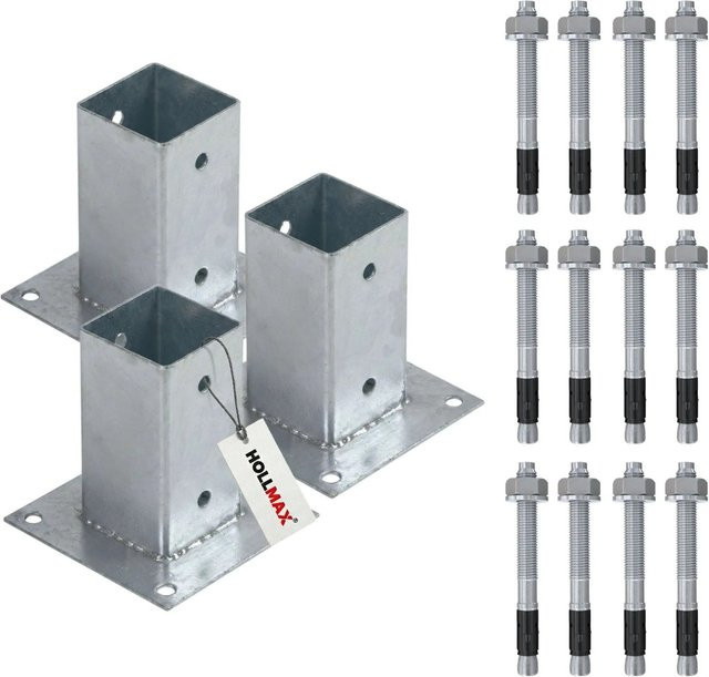 HOLLMAX Pfostenträger Set mit 3 Aufschraubhülsen 71 mm und Schwerlastankern 10 x 100 mm, verzinkt in Silber für Vierkantpfosten - Bild 1