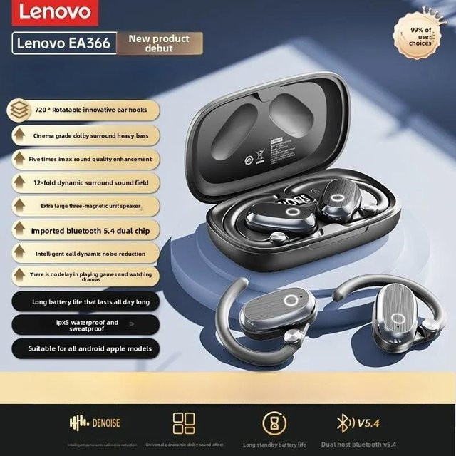 Lenovo EA366 True Wireless Bluetooth 5.4 Sport-Ohrhörer mit Mikrofon und Geräuschunterdrückung in Schwarz - Bild 1