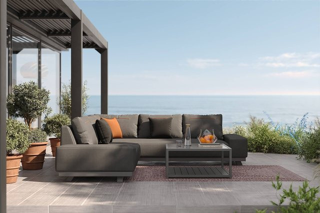 OUTFLEXX Beau Gartenlounge Set in L-Form mit Kaffeetisch und Outdoor-Teppich, grau/andorra-weiß, Maße Teppich: Breite: 240 cm, Tiefe: 160 cm - Bild 1