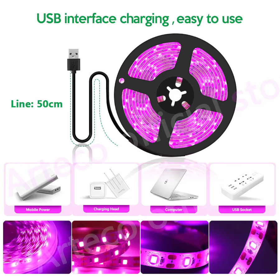 Arteco Full Spectrum Phyto LED Pflanzenlampe USB 5 V mit 2835 SMD Streifen für Hydrokultur und Gewächshaus, Mehrfarbig - Bild 2