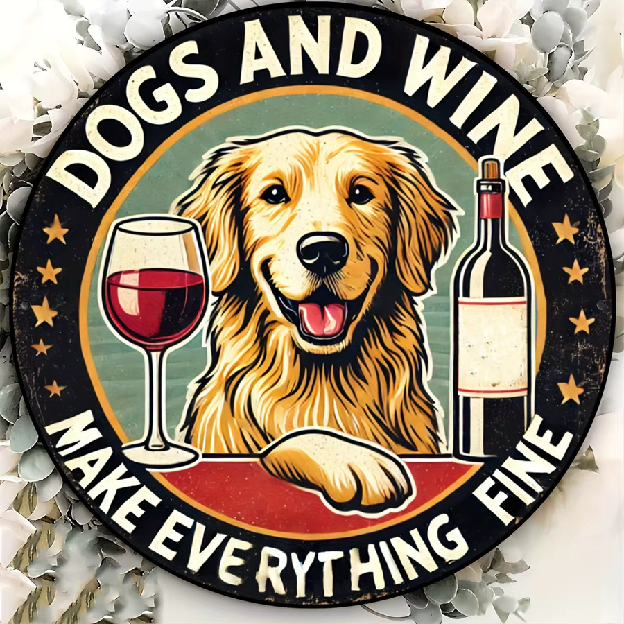 Rundes Aluminiumschild Potdemiel Hunde und Wein machen alles gut Vintage Wandkunst Multicolor Durchmesser: 20 cm - Bild 3