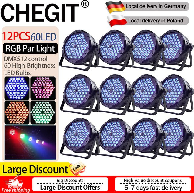 CHEGIT 12er Set DJ Disco Light mit 60 LED, RGB professionelle Bühnenbeleuchtung mit DMX512 und Sound-Aktivierung für Club und Party - Bild 1