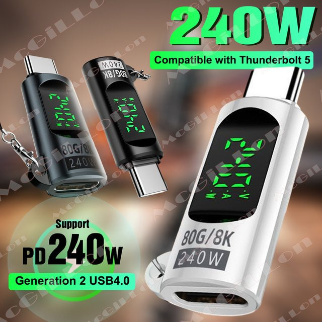 USB 4.0 Typ-C-Adapter mit Digitalanzeige in Schwarz, PD240W, 80 Gbit/s und 8K@60 Hz, USB-C-Stecker auf Buchse-Adapter für MacBook, iPhone, Samsung und Xiaomi - Bild 1