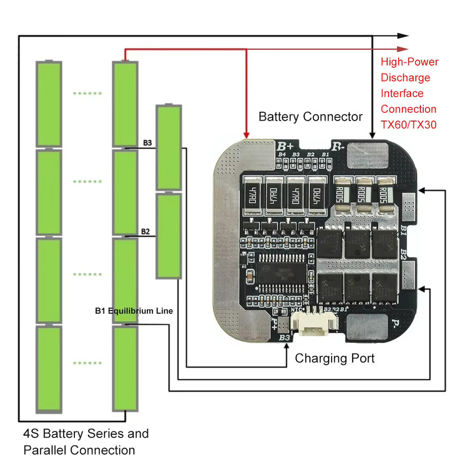4S 60A Lithium-Batterie-Schutzplatine BMS mit aktivem Ausgleich für 21700/18650-Batterien in Schwarz - Bild 2
