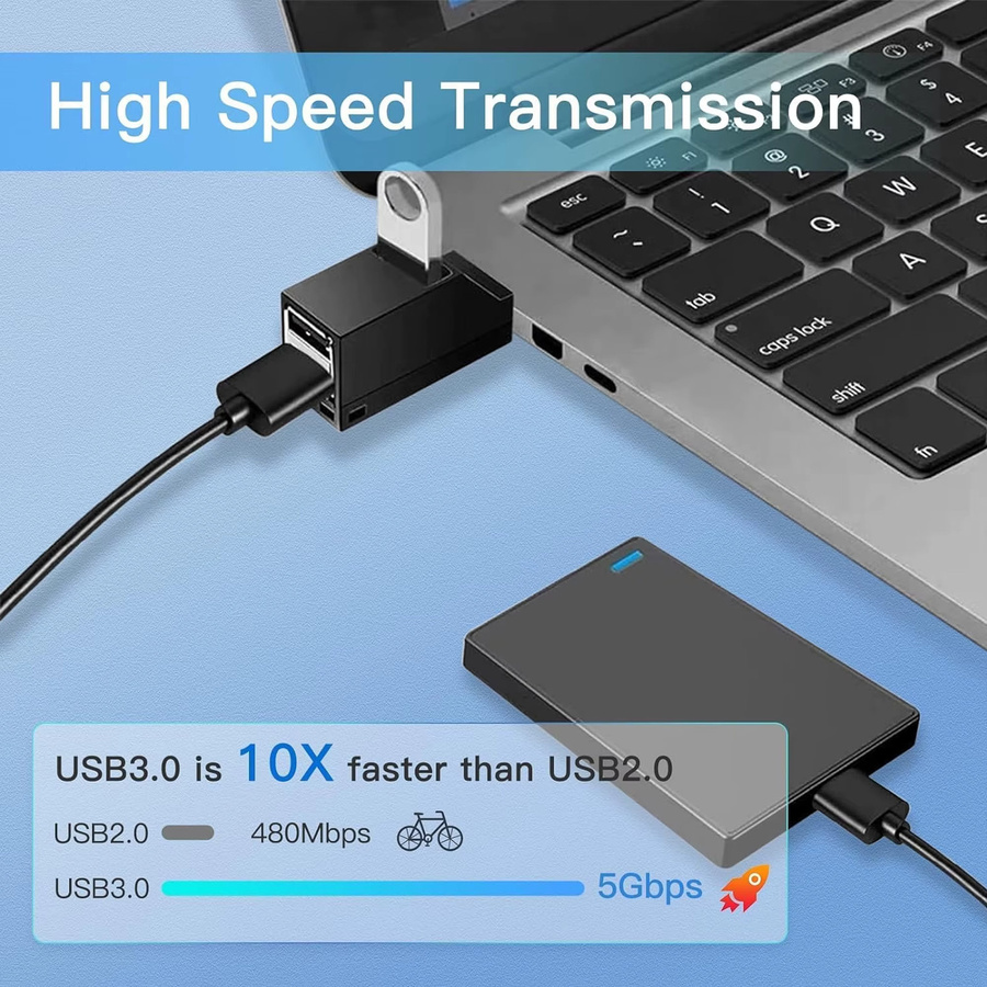3-Port Mini USB Hub 3.0 High-Speed Splitter mit 2x USB 2.0 und 1x USB 3.0 in Schwarz - Bild 3