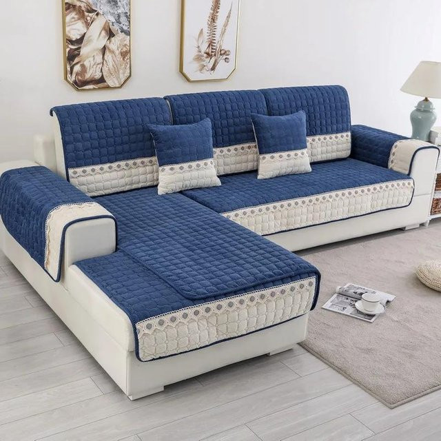 Warmes Plüsch-Sofakissen von Household supplies MH in Weiß mit Gittermuster und Spitze, rutschfestes Sofatuch für das Wohnzimmer, B: 90 cm, T: 70 cm - Bild 1